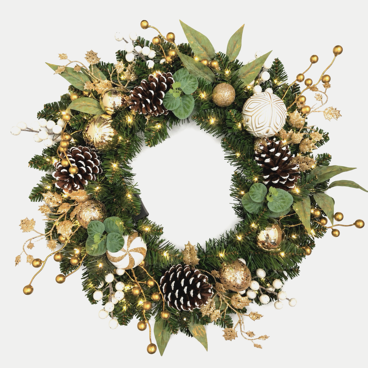 Silvanest 24-inch green Christmas wreath with gold ornaments, white berries, pinecones and warm white lights