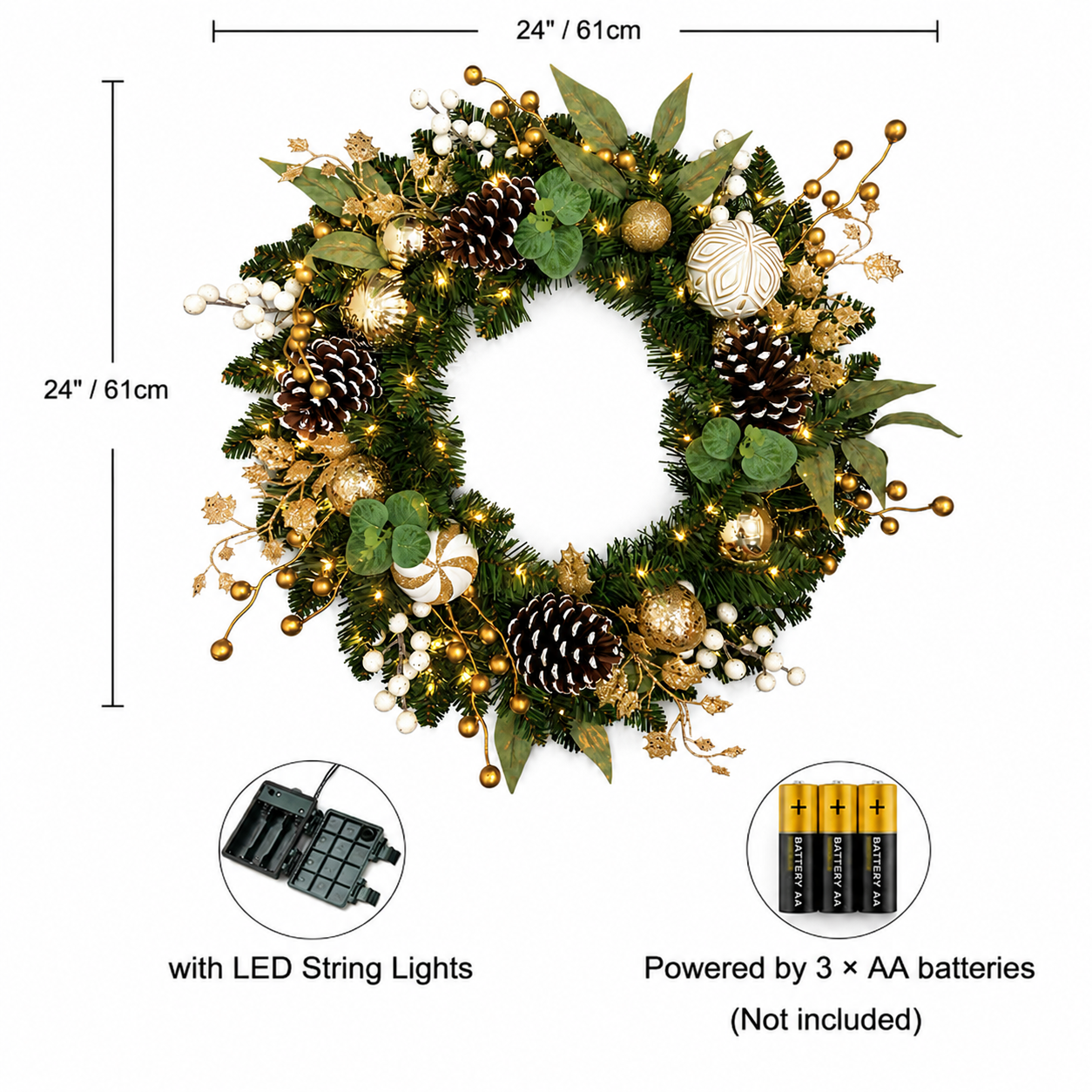Silvanest 24" Pre-Lit Christmas Wreath with LED Lights, Gold Ornaments, Pinecones & White Berries – Artificial Holiday Wreath for Front Door Indoor Outdoor Decor