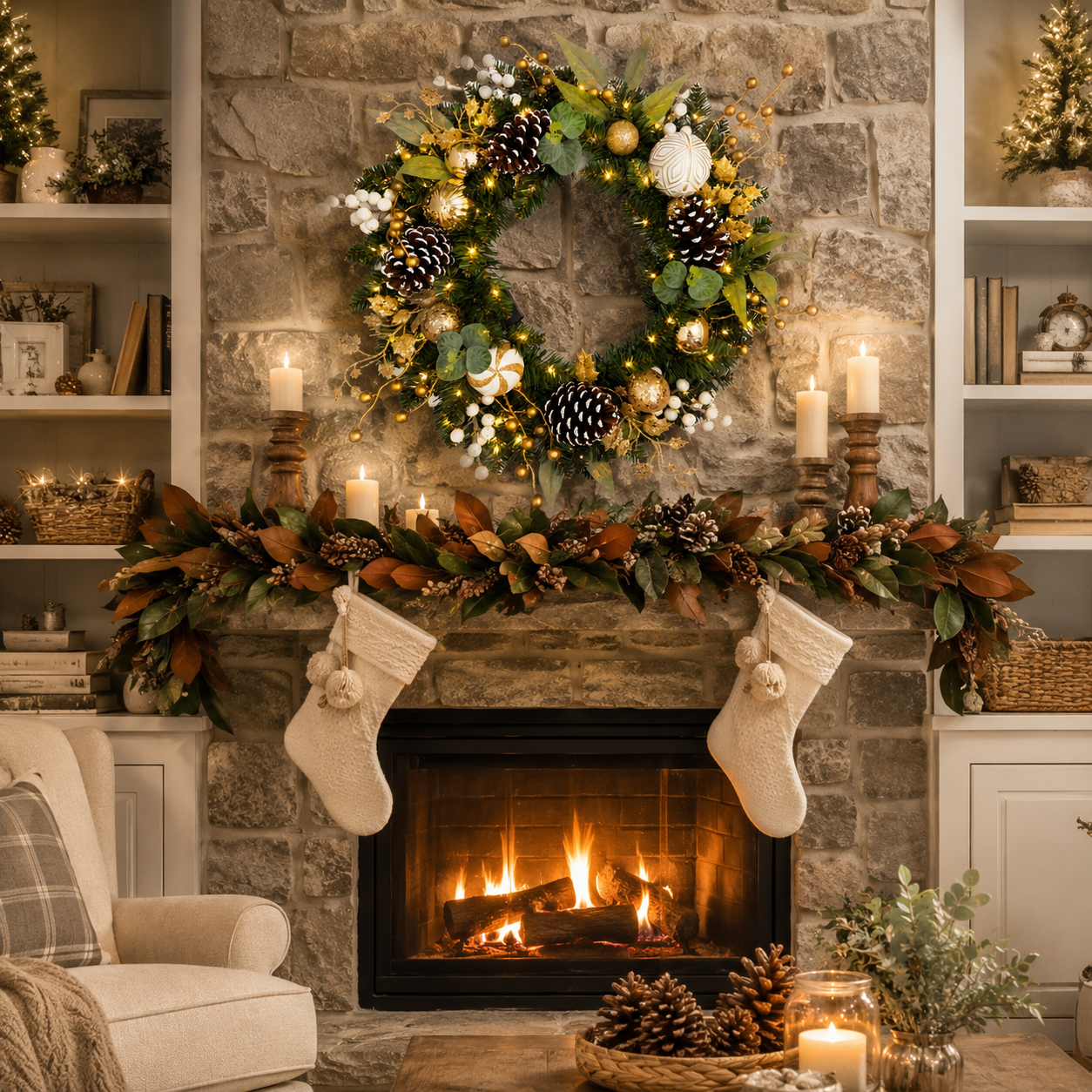 Silvanest 24" Pre-Lit Christmas Wreath with LED Lights, Gold Ornaments, Pinecones & White Berries – Artificial Holiday Wreath for Front Door Indoor Outdoor Decor