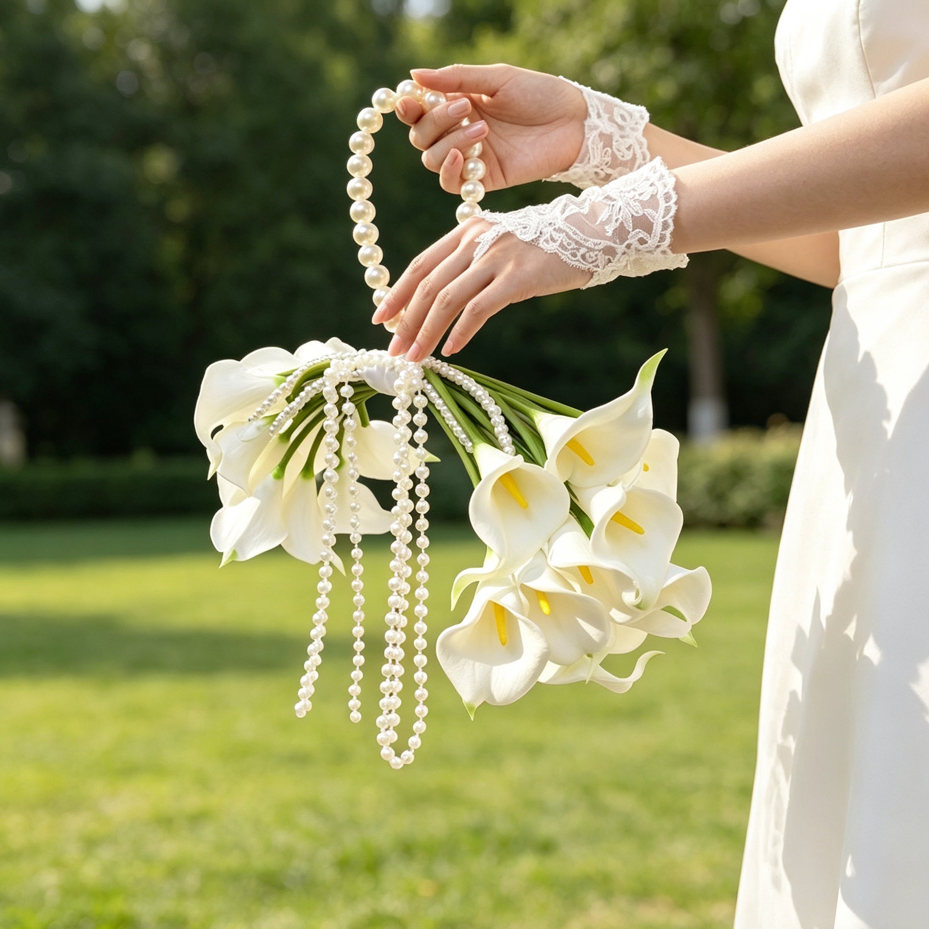 white calla lily cascade bridal bouquet with pearl detail for wedding ceremony photos