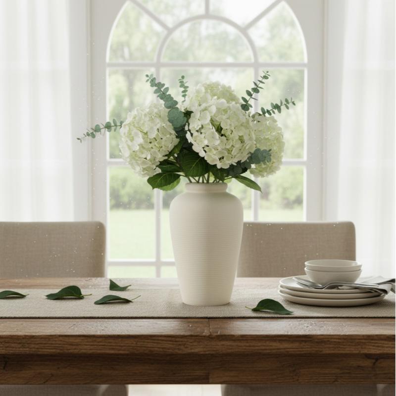 Matte White Ribbed Ceramic Vase – 11"