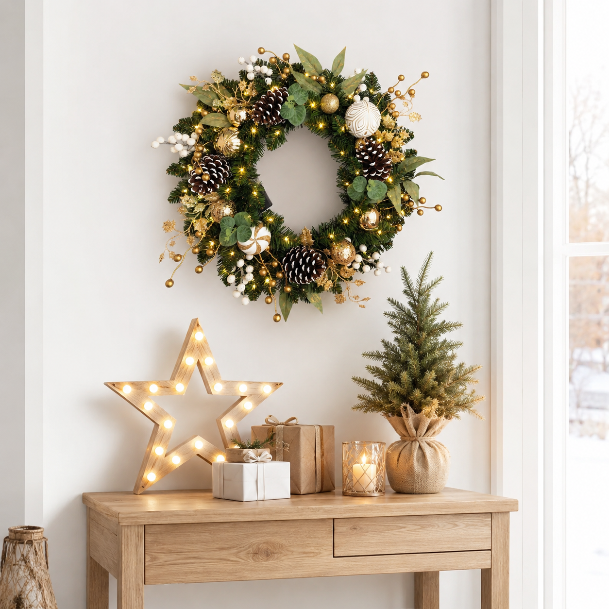 Silvanest 24" Pre-Lit Christmas Wreath with LED Lights, Gold Ornaments, Pinecones & White Berries – Artificial Holiday Wreath for Front Door Indoor Outdoor Decor
