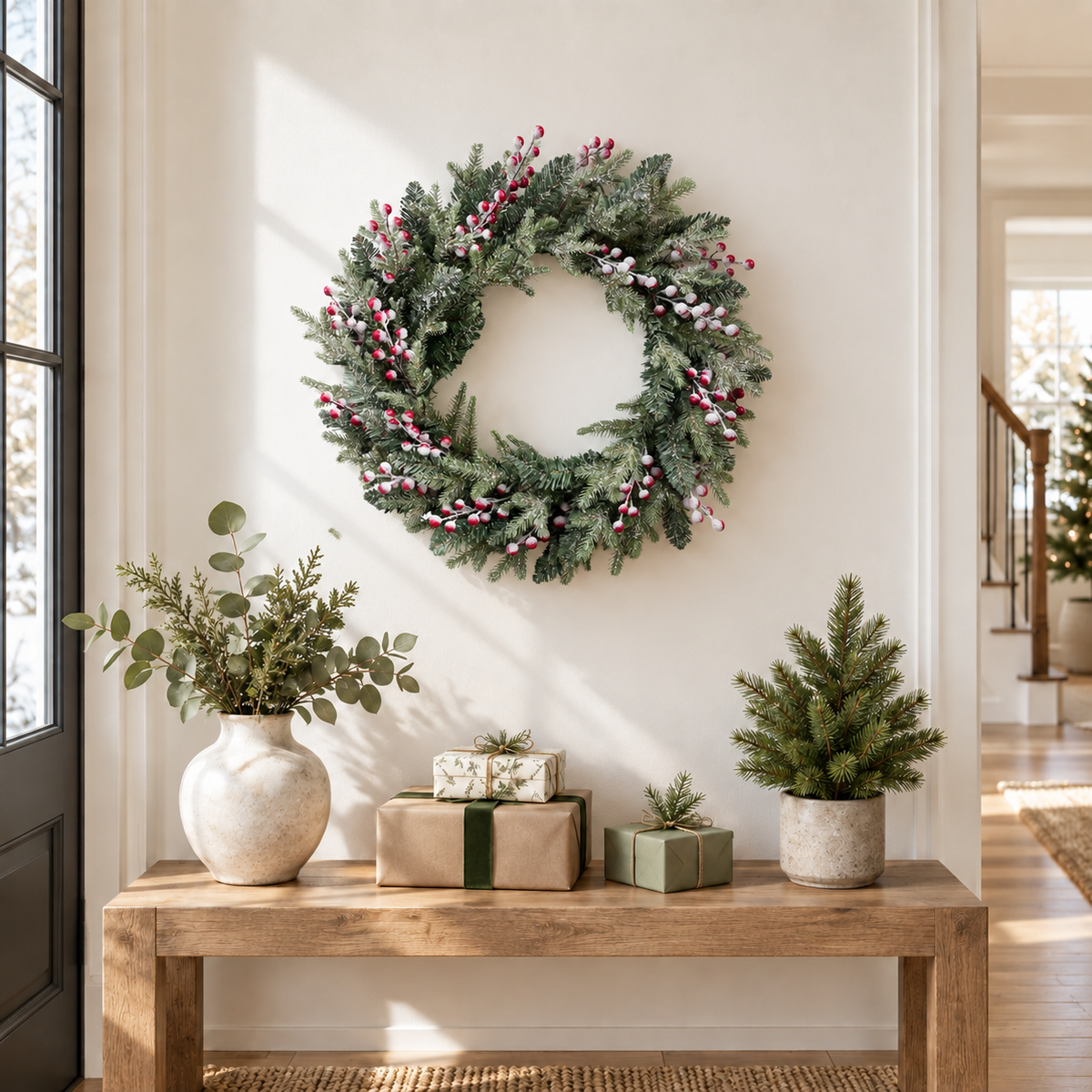 Red berry artificial Christmas wreath on a light wall above a wooden entryway console and gifts