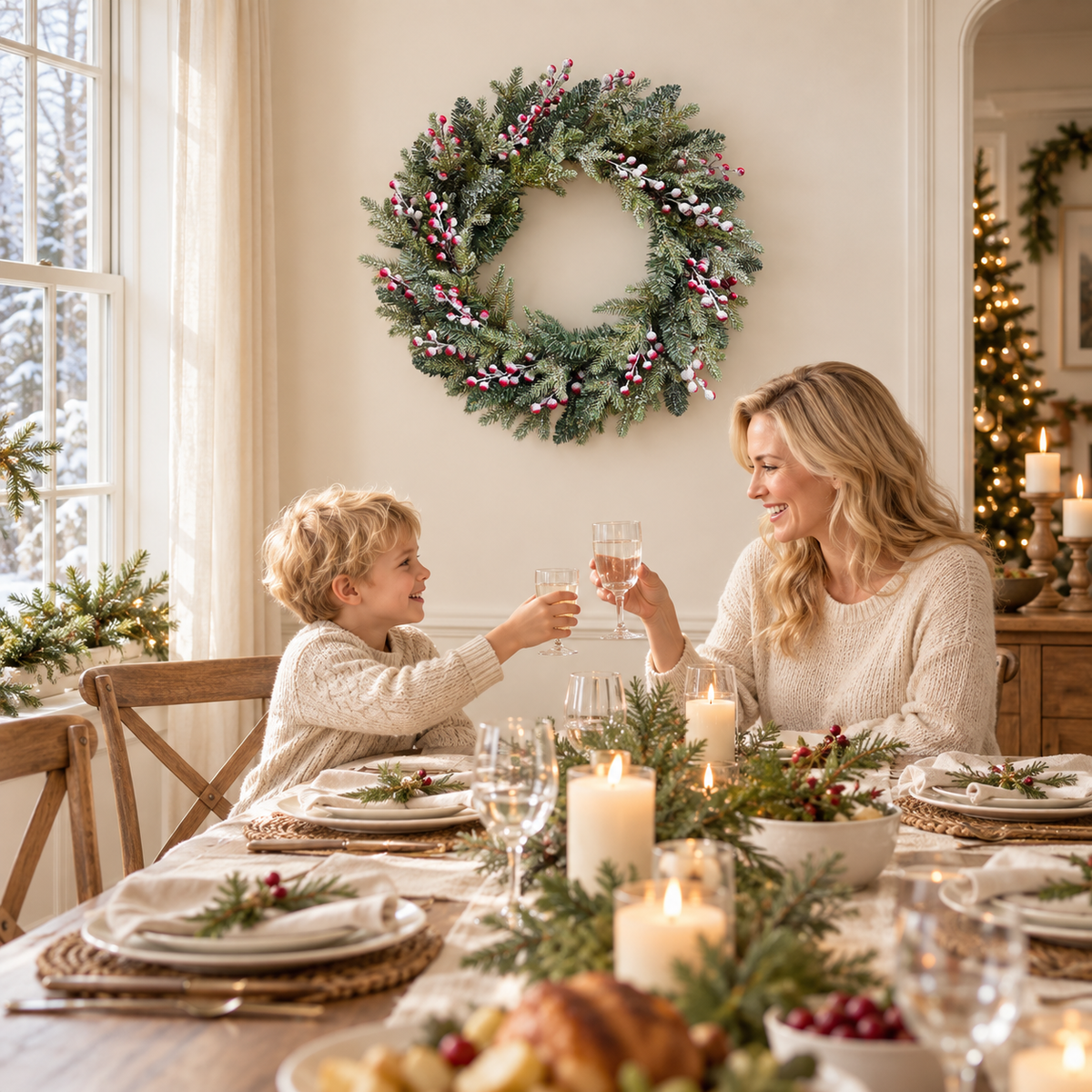 Snow-flocked red berry wreath displayed on a dining room wall above a holiday table