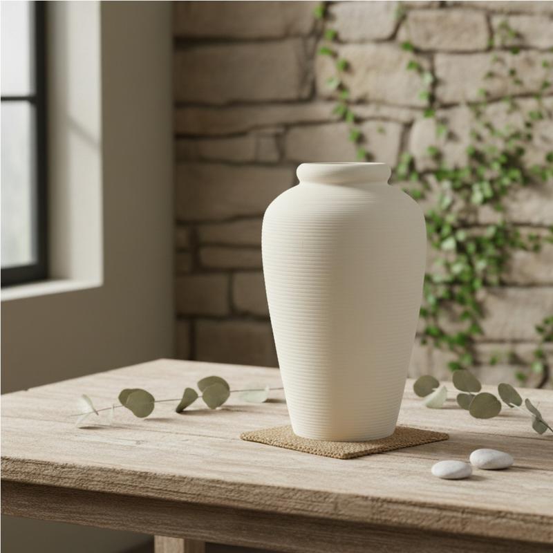 Matte White Ribbed Ceramic Vase – 11"
