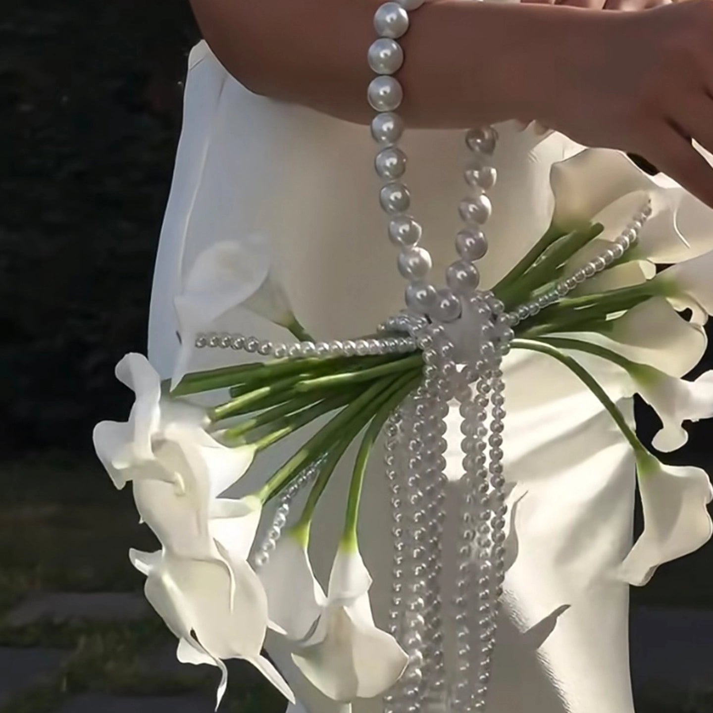 bridal bouquet white calla lilies Tulip & Calla Lily Pearl Cascade Bridal Bouquet – Elegant Artificial W