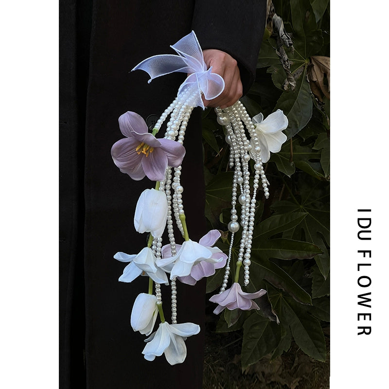 Macaron Color Tulip Pearl Cascade Bridal Bouquet