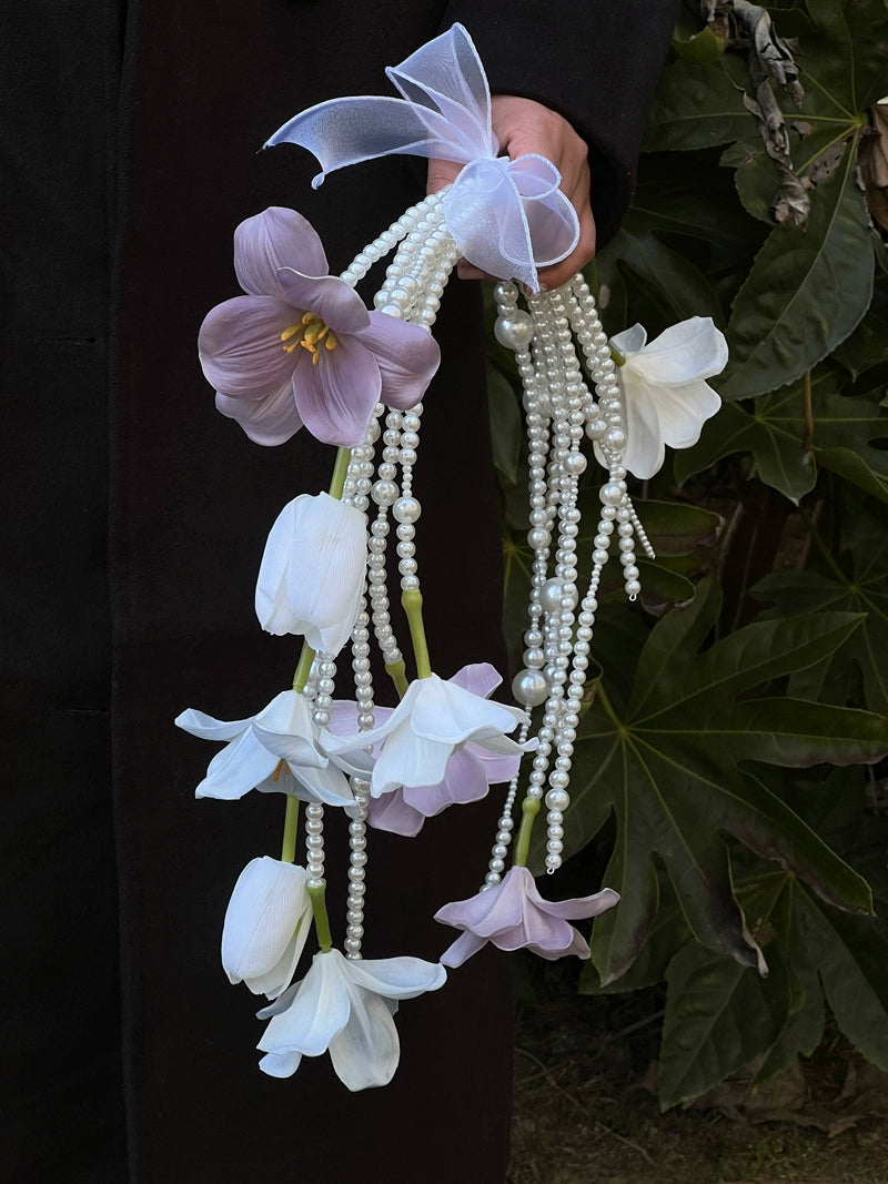 Macaron Color Tulip Pearl Cascade Bridal Bouquet