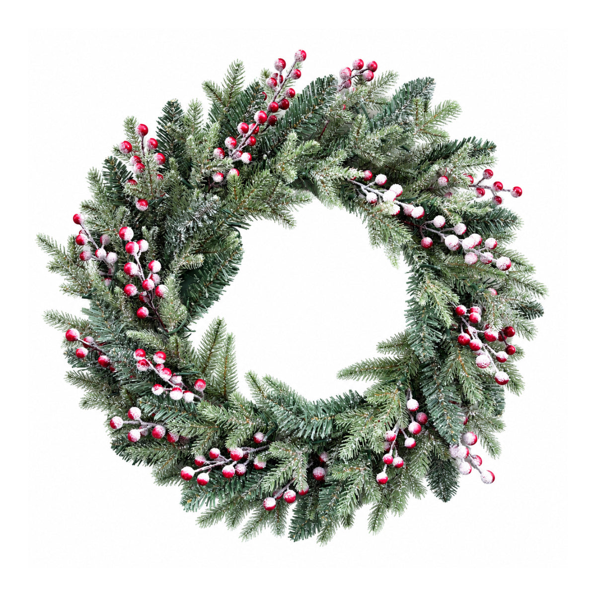 Unilluminated red berry and snow-flocked pine Christmas wreath on a white background
