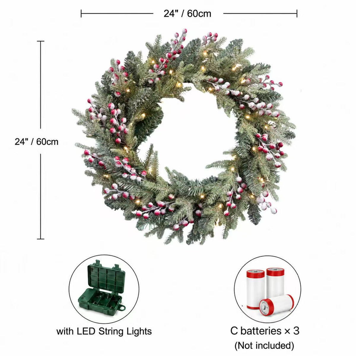 Red berry Christmas wreath size graphic marked 24 inches and 60 cm, with LED lights and three C batteries not included