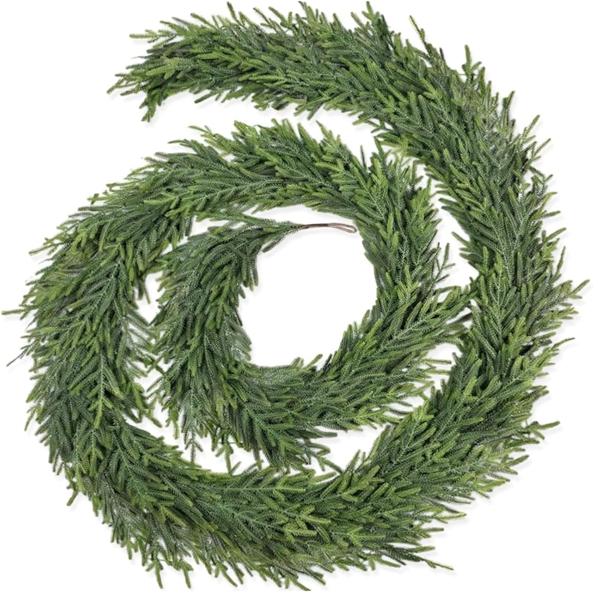 Coiled realistic green artificial pine garland in 6 ft or 9 ft lengths for Christmas tree decorating