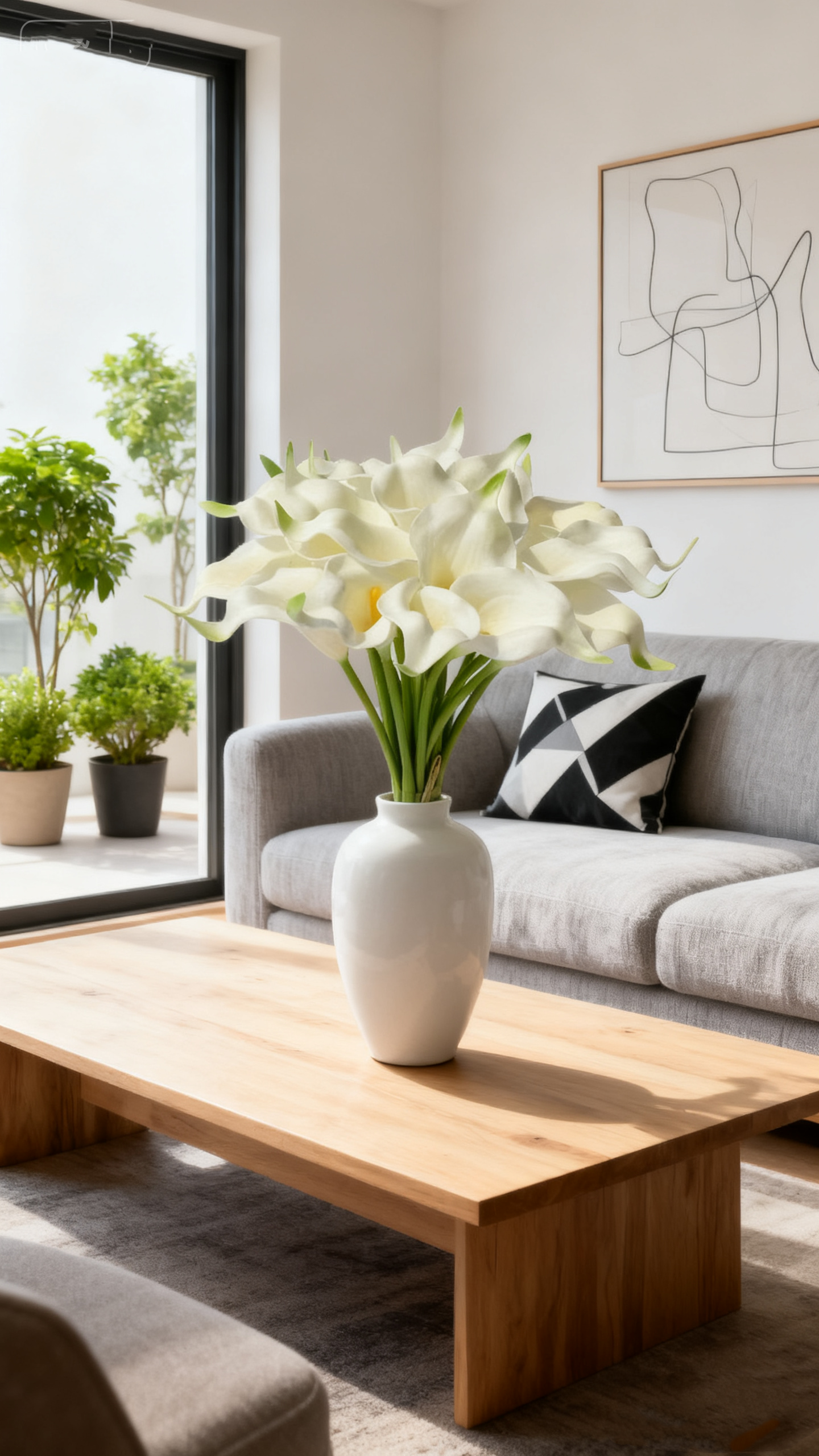 white artificial calla lily stems arranged in a ceramic vase for a wedding table centerpiece