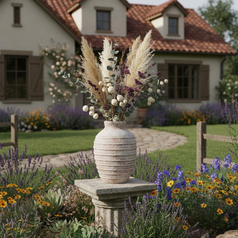 Sand Beige Ribbed Ceramic Vase – 6.9"