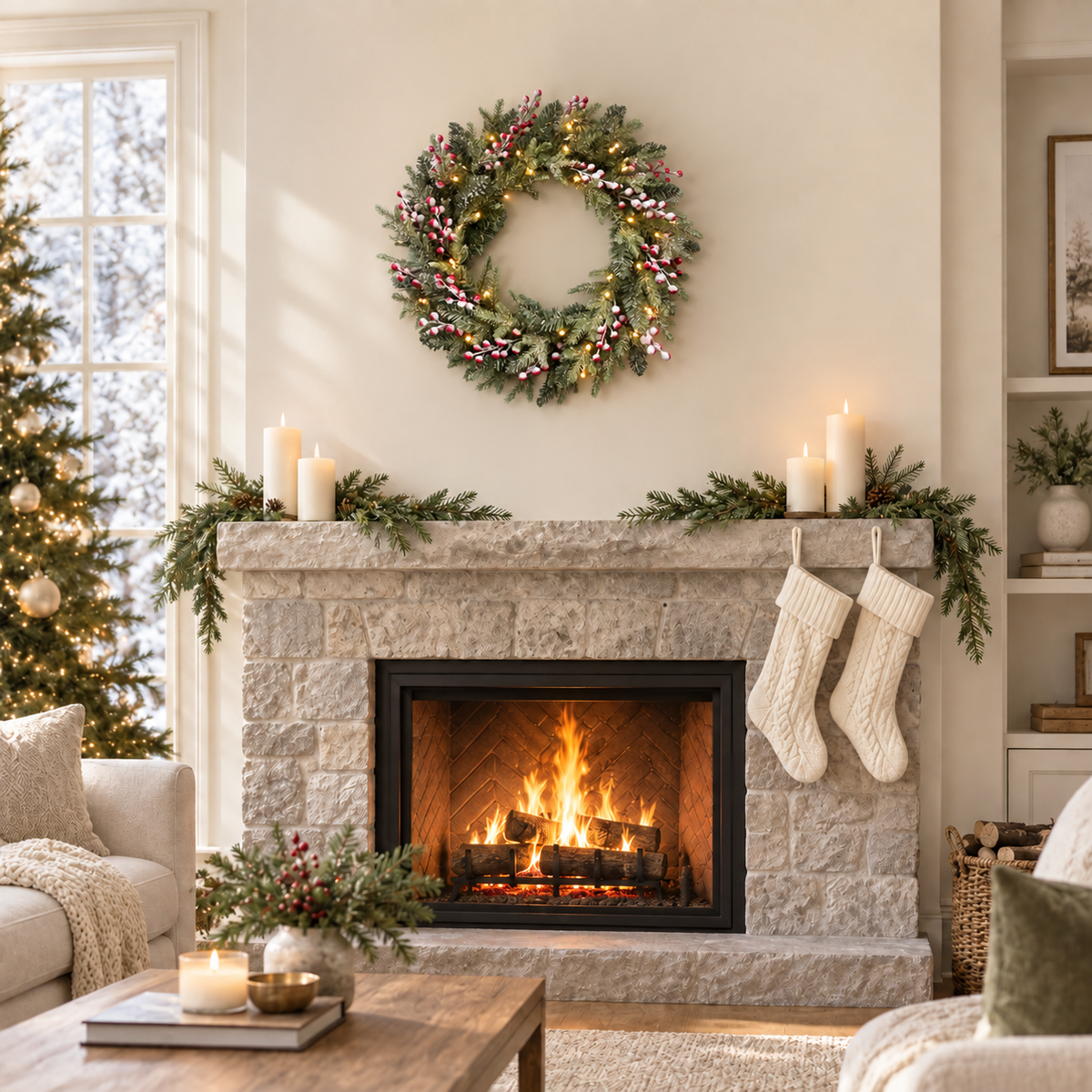 24-Inch Pre-Lit Christmas Wreath with Red Berries