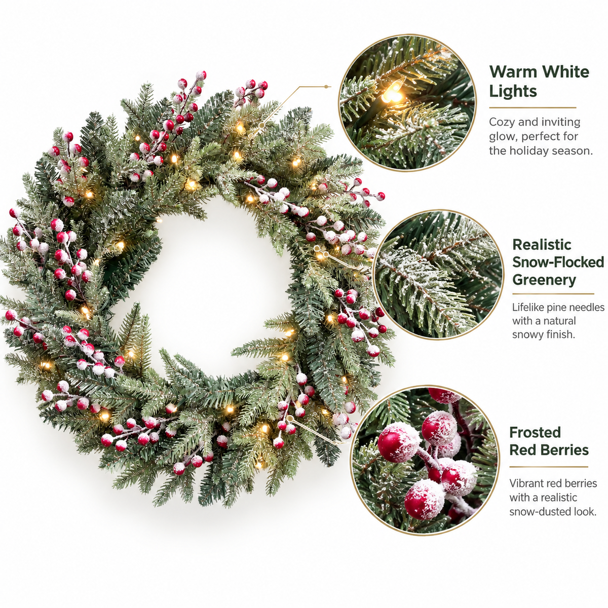 Red berry Christmas wreath detail graphic showing warm white lights, flocked pine needles and frosted berries