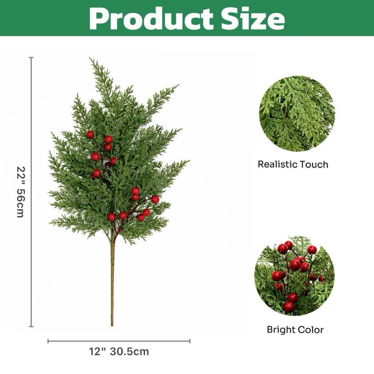 Silvanest 22" Artificial Cedar Pick with Red Berries – Realistic Faux Christmas Greenery Stem for Tree, Wreath, Garland & Holiday Floral Arrangements