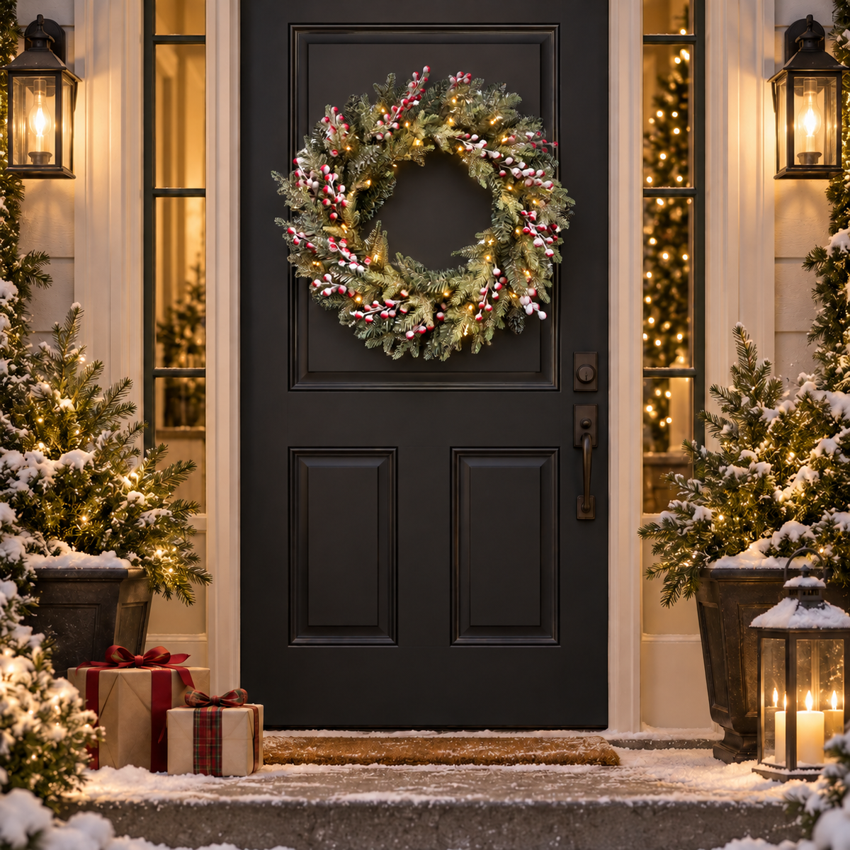 Snow-flocked red berry Christmas wreath with warm white lights on a dark front door