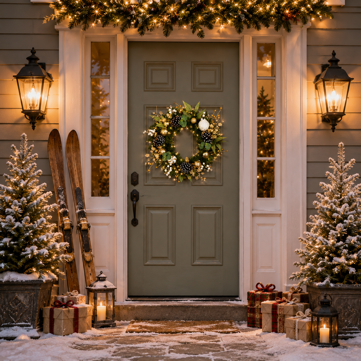 Silvanest 24" Pre-Lit Christmas Wreath with LED Lights, Gold Ornaments, Pinecones & White Berries – Artificial Holiday Wreath for Front Door Indoor Outdoor Decor