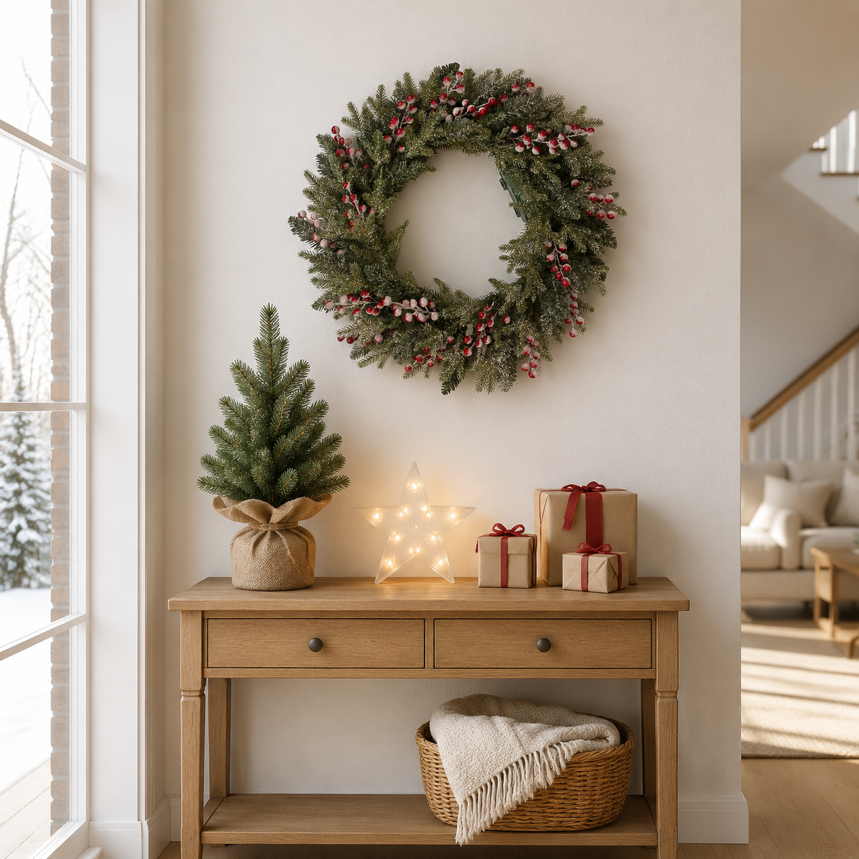 Pre-Order: Silvanest 24-Inch Pre-Lit Christmas Wreath with Snow-Flocked Pine, Red Berries & Warm White LED Lights – Ships September 2026