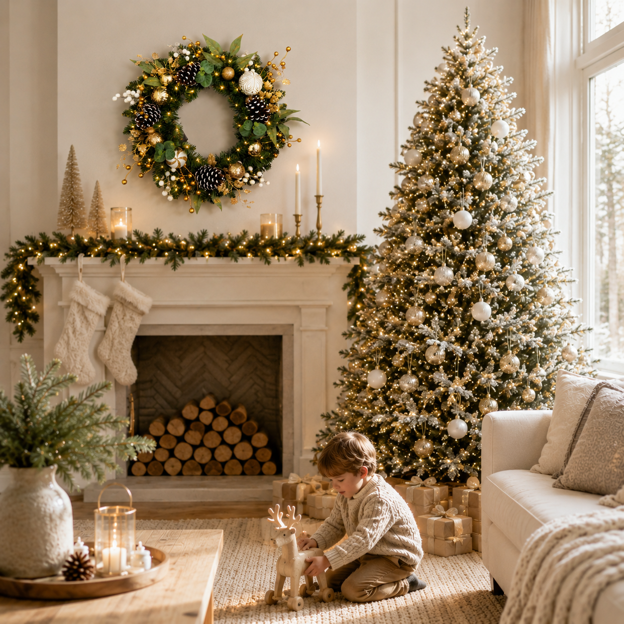 Silvanest 24" Pre-Lit Christmas Wreath with LED Lights, Gold Ornaments, Pinecones & White Berries – Artificial Holiday Wreath for Front Door Indoor Outdoor Decor