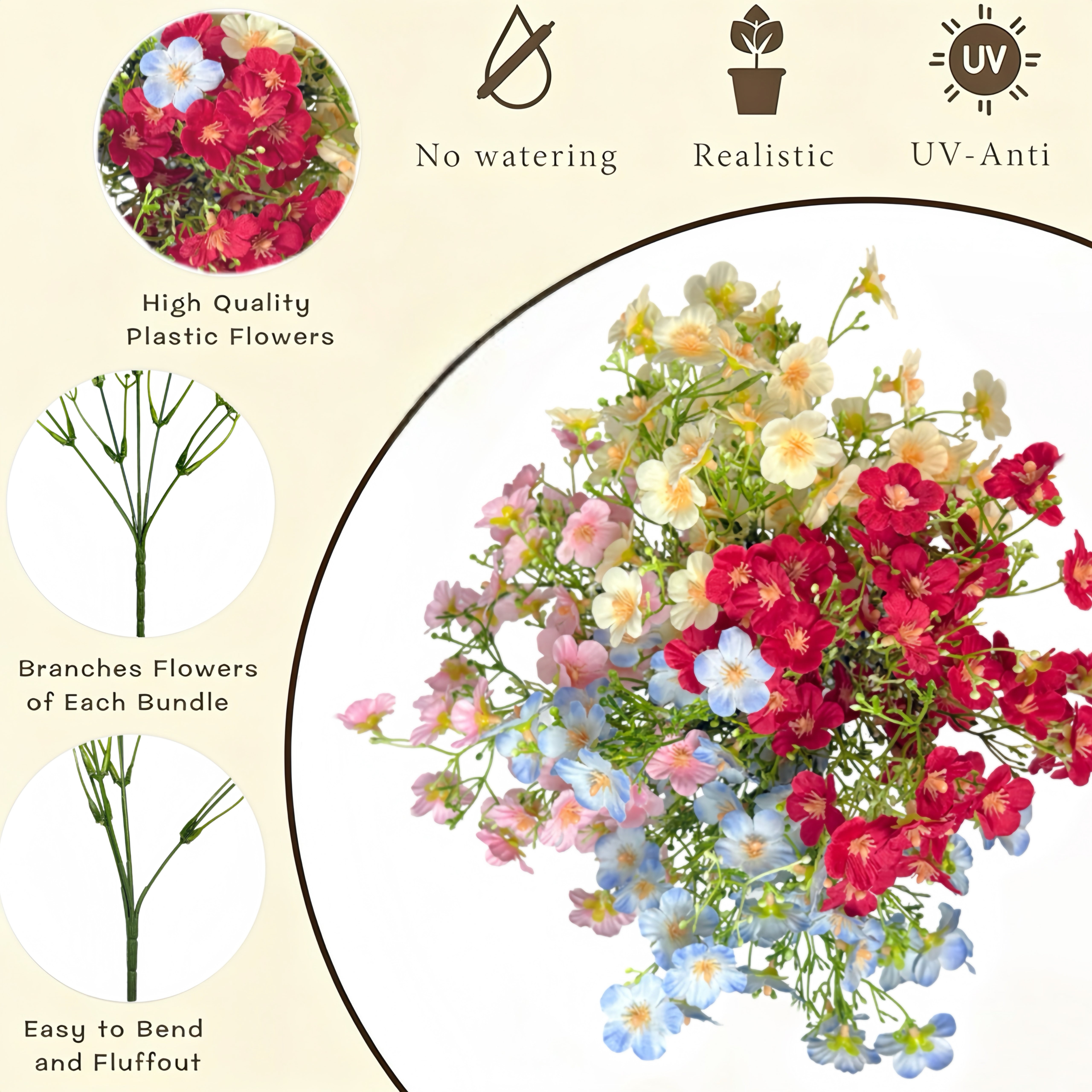 5-Head Artificial Flower Bouquet – Realistic Decorative Floral Stem for Home & Wedding Vase Arrangement