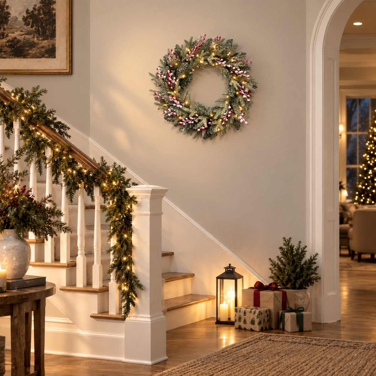 Red berry Christmas wreath with warm white lights beside a staircase decorated with separate garland
