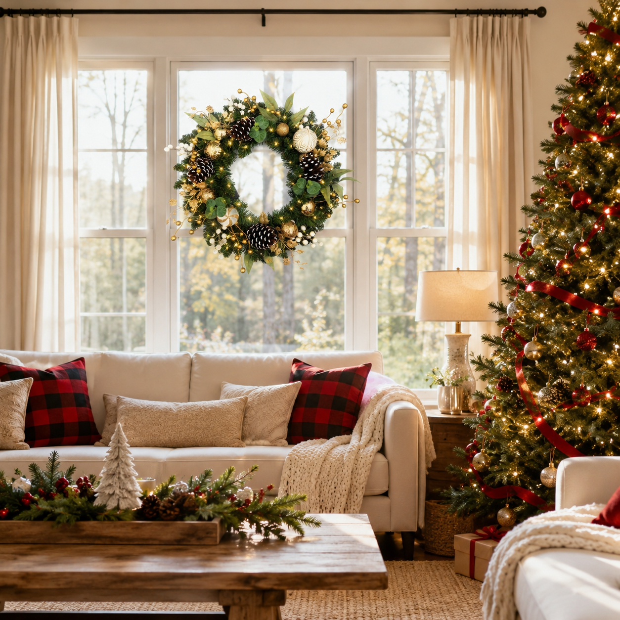 Silvanest 24" Pre-Lit Christmas Wreath with LED Lights, Gold Ornaments, Pinecones & White Berries – Artificial Holiday Wreath for Front Door Indoor Outdoor Decor