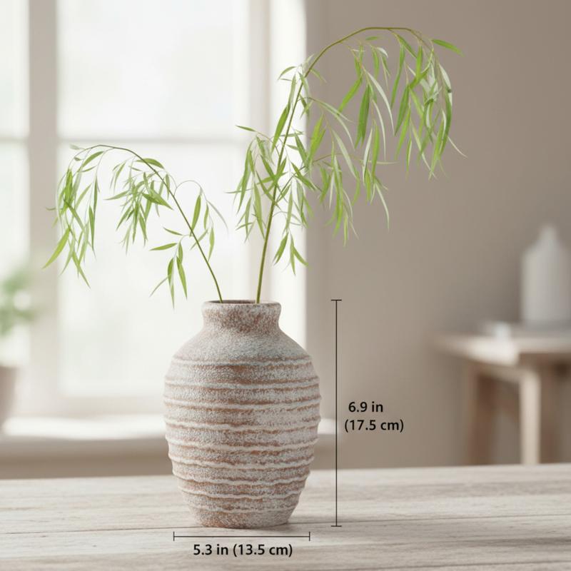 Sand Beige Ribbed Ceramic Vase – 6.9"