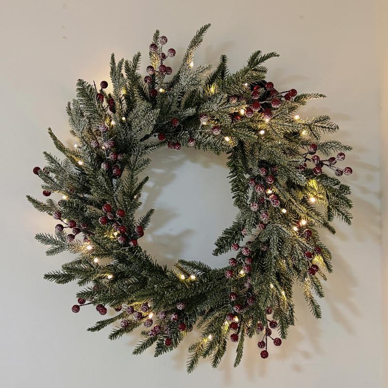 Silvanest 24inch Pre-Lit Christmas Wreath with Snow Flocked Pine, Red Berries & Warm LED Lights