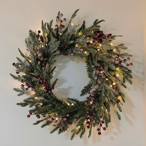 Silvanest 24inch Pre-Lit Christmas Wreath with Snow Flocked Pine, Red Berries & Warm LED Lights