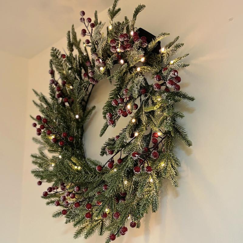 Silvanest 24inch Pre-Lit Christmas Wreath with Snow Flocked Pine, Red Berries & Warm LED Lights