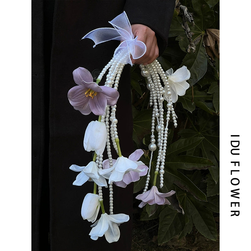 Macaron Color Tulip Pearl Cascade Bridal Bouquet