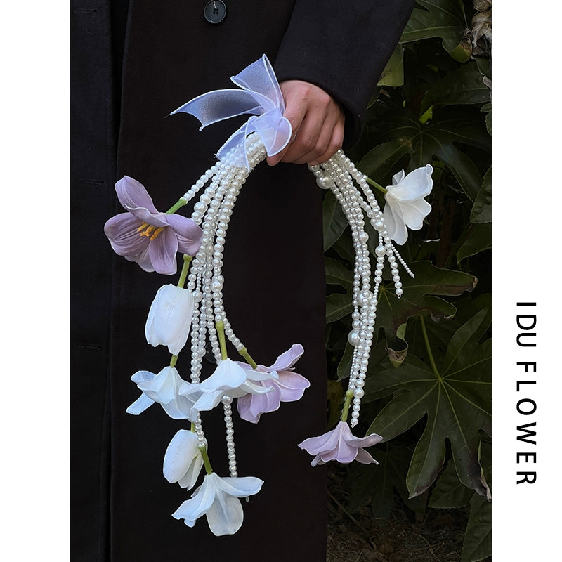 Macaron Color Tulip Pearl Cascade Bridal Bouquet