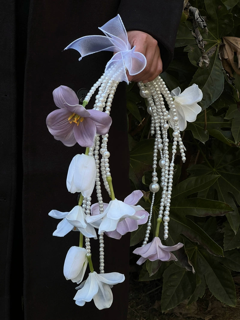 Macaron Color Tulip Pearl Cascade Bridal Bouquet