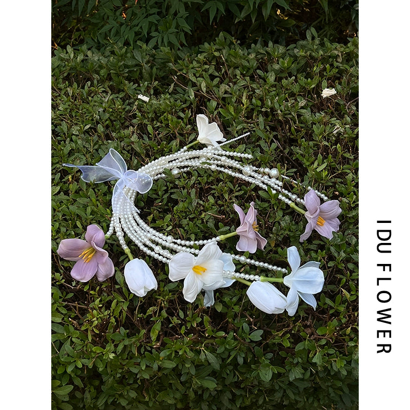 Macaron Color Tulip Pearl Cascade Bridal Bouquet