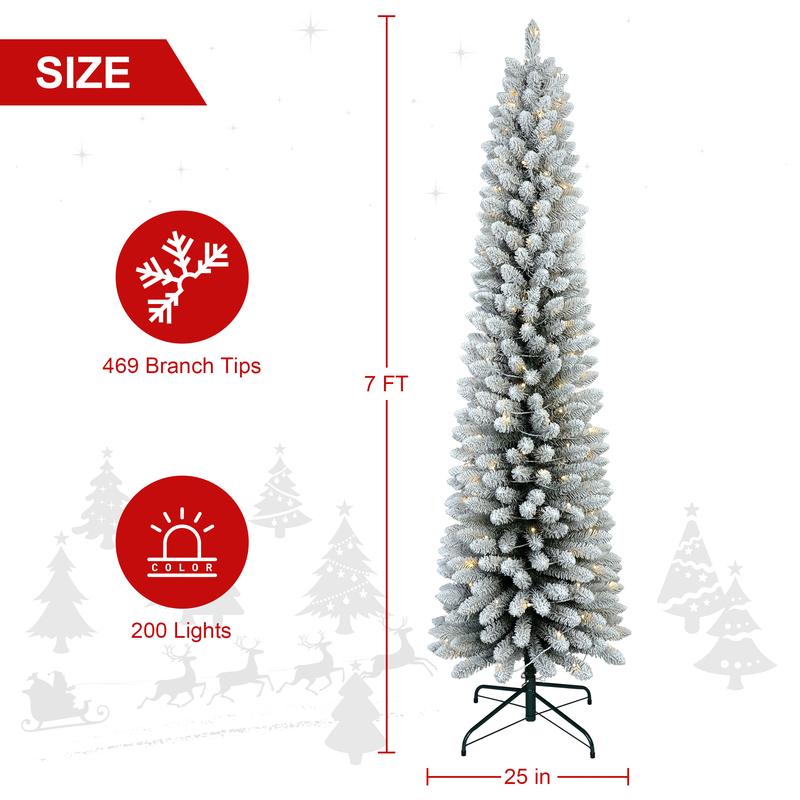 Silvanest 6-7ft Flocked Pencil Christmas Tree with 200 LED Lights
