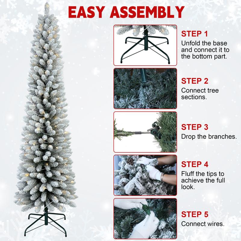 Silvanest 6-7ft Flocked Pencil Christmas Tree with 200 LED Lights