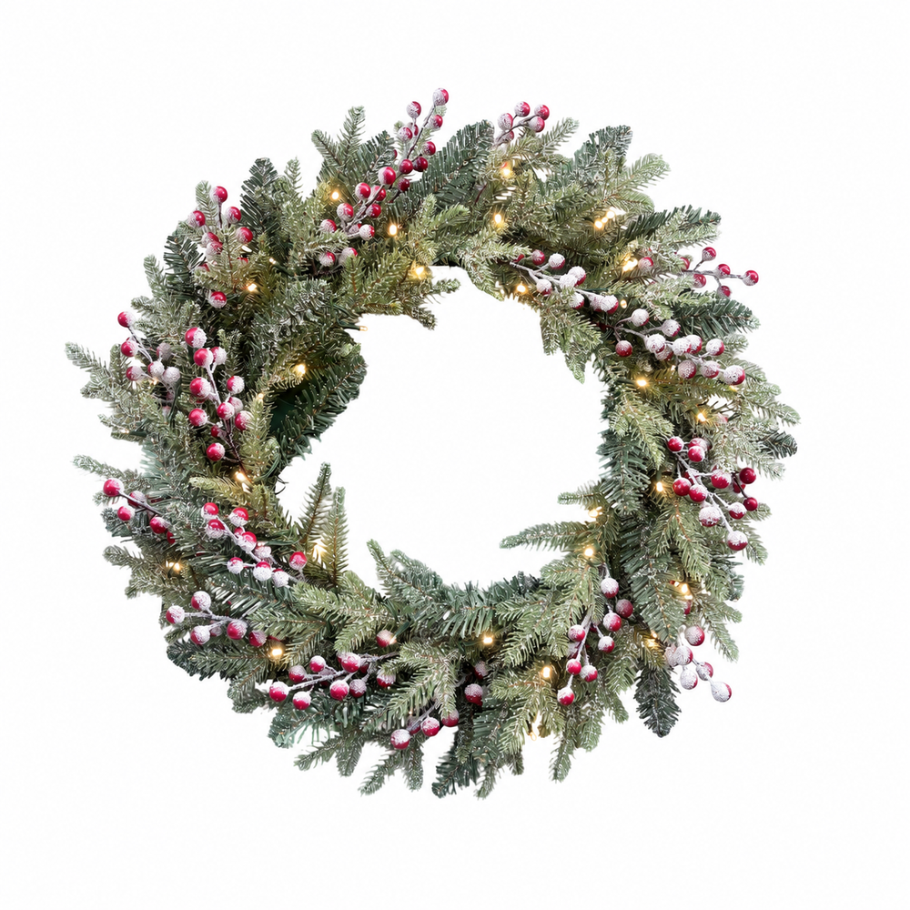 Silvanest 24-inch snow-flocked pine Christmas wreath with red berries and warm white lights on a white background