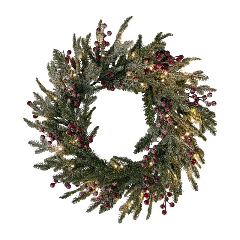 Silvanest 24inch Pre-Lit Christmas Wreath with Snow Flocked Pine, Red Berries & Warm LED Lights