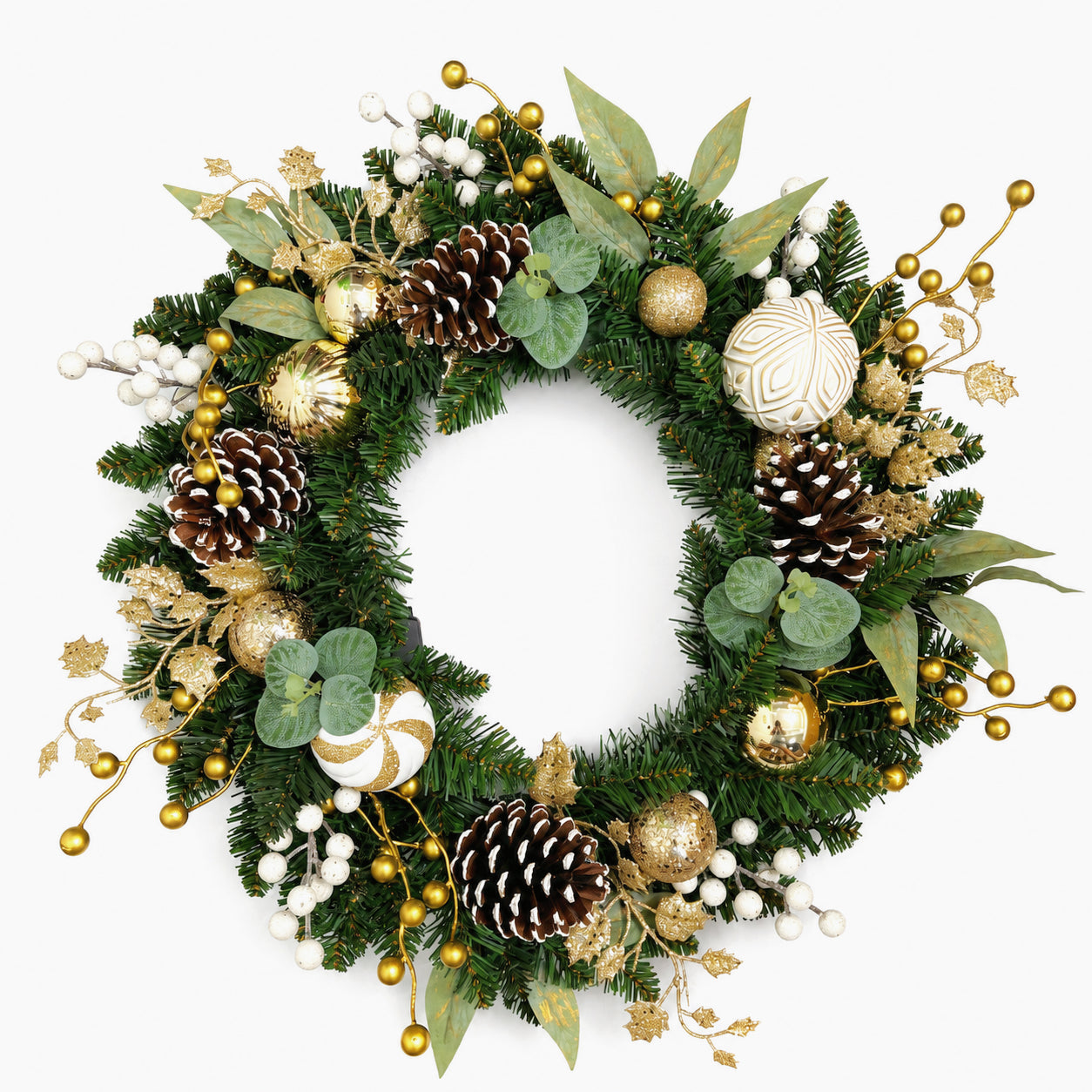 Silvanest 24" Pre-Lit Christmas Wreath with LED Lights, Gold Ornaments, Pinecones & White Berries – Artificial Holiday Wreath for Front Door Indoor Outdoor Decor