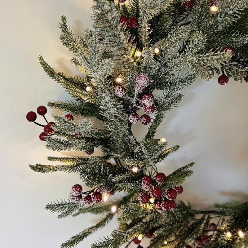 Silvanest 24inch Pre-Lit Christmas Wreath with Snow Flocked Pine, Red Berries & Warm LED Lights